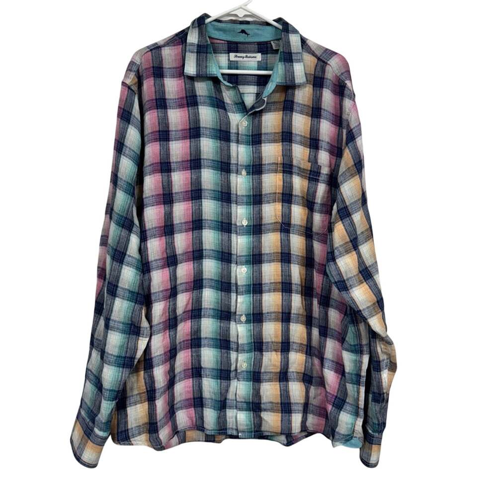 Tommy Bahama Blue Pink Plaid Linen Button Down Shirt Mens XL Casual Breathable